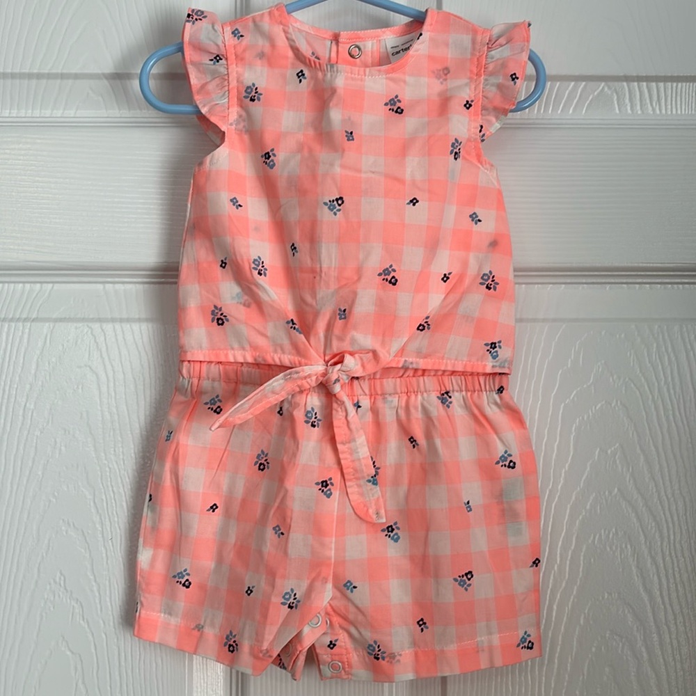 Carter's Baby Girls Gingham Tie Waist Romper Peach Multi Size: 12 Months.